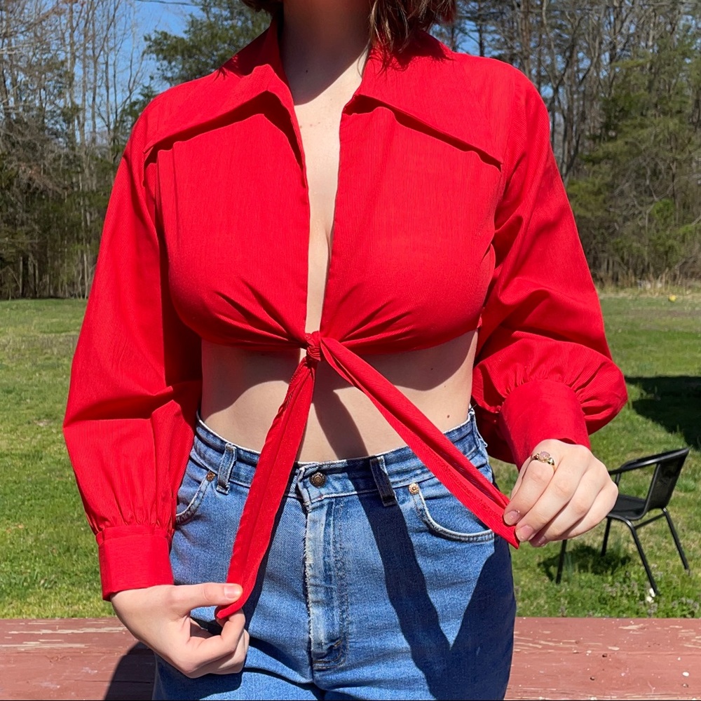Vintage 70s Front tie cropped collared blouse